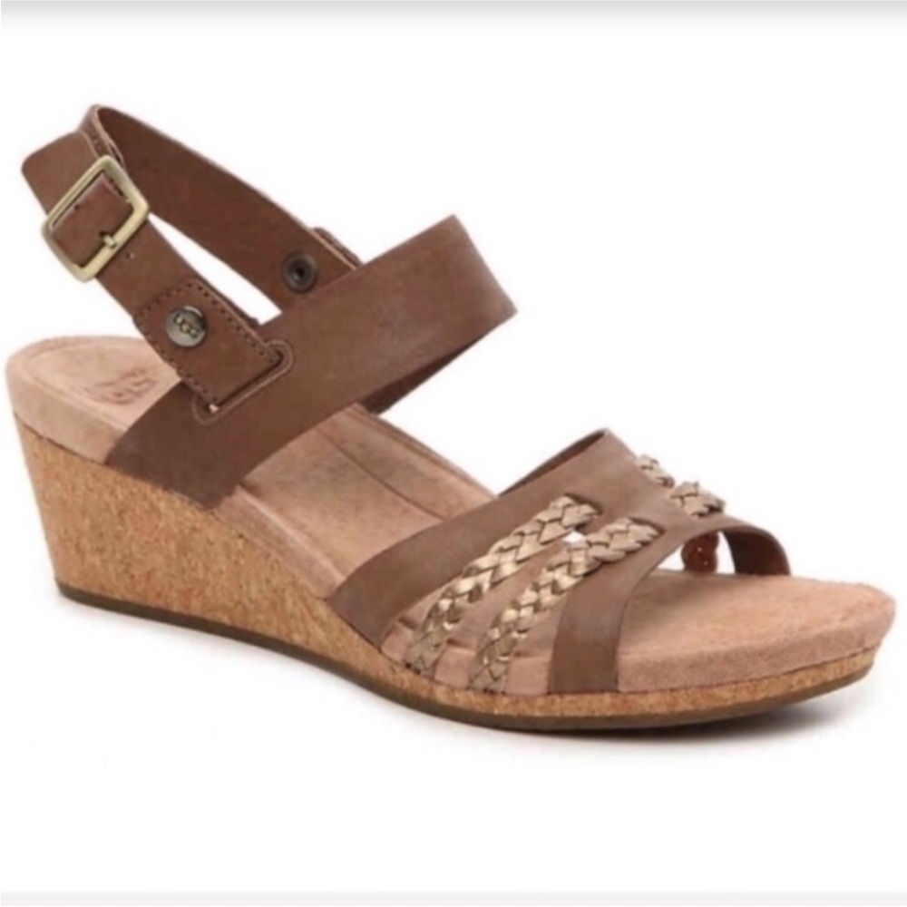 New UGG Sarina Brown Leather Cork Wedge Sandal Women's Size 11
